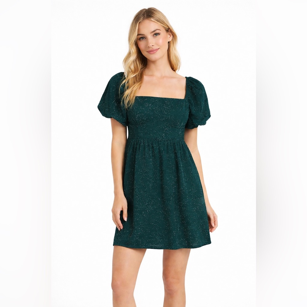 Altar’d State shimmer baby doll puff sleeves dress emerald green size XXS